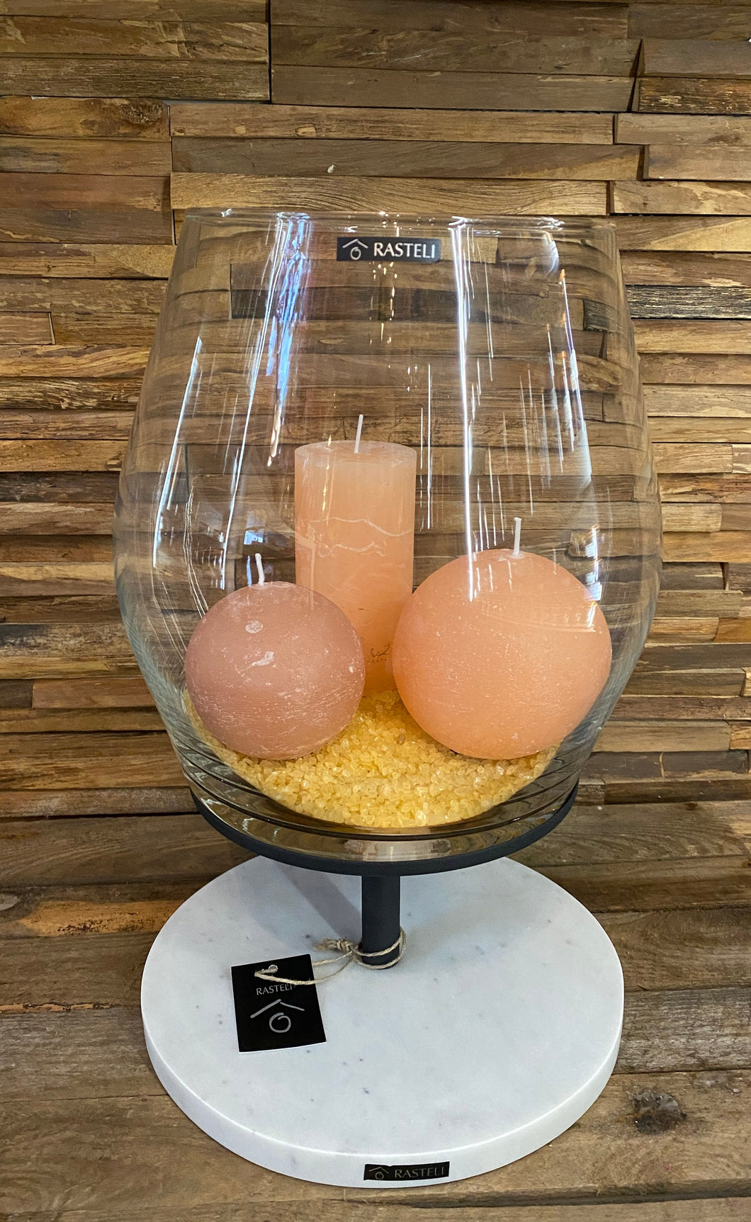 Rasteli glas met marmeren voet + 3 kaarsen (M)